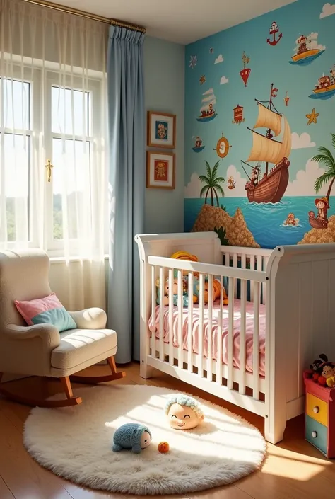 a baby room with ONE PIECE themed wallpaper
