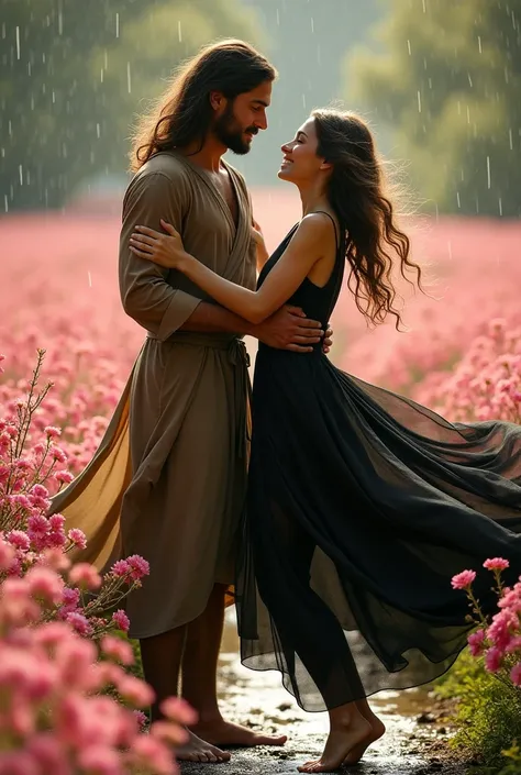 A BROWN MAN, greeneyes, Long brown hair, 5 feet 7 inches tall, brown tunic dress, dancing with a white woman, 5 feet 1 inch tall, medium black curly hair, IN A BLACK DRESS, barefoot, in the rain, in a field of pink flowers,Magic place 