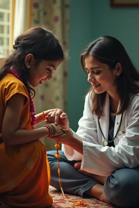 Right Side: A lady doctor from the Kolkata case, in a white coat with a hint of blood, symbolizing her struggle and sacrifice.Middle: A brother making a promise to protect his sister, symbolizing safety and care.Left Side: A sister tying a Rakhi on her bro...