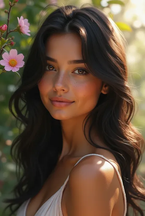 “an image of a young woman with dark brown eyes and almost black hair but her naturally olive skin”
