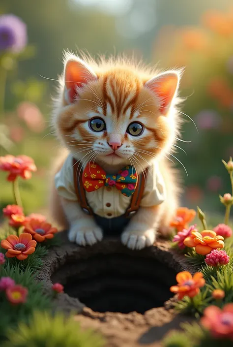 Beautiful kitten, like a human wearing clothes, parading in an ultra-realistic image, falling into a hole.