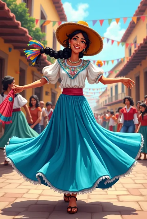 Cartoon of a Cholita wearing a short sky blue skirt, white blouse, braids and a hat, dancing with a scarf 