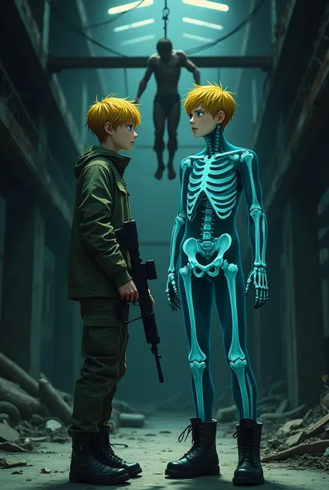 An 18-year-old teenager, his head has green eyes, yellow hair, and he has a light skin tone, but his body is different. He possesses a transparent blue color, but its possible to see his skeleton. Hes only wearing pants, military boots, and military plates...