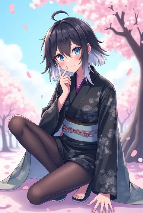 gender: 
Eye color:Blue Eyes Hairstyle:mullet hairstyle hair color:Black hair with a light silver ombre, giving off an [atmosphere] vibe.:Cool clothes:Black and silver kimono style:Cute illustration system:Crouching