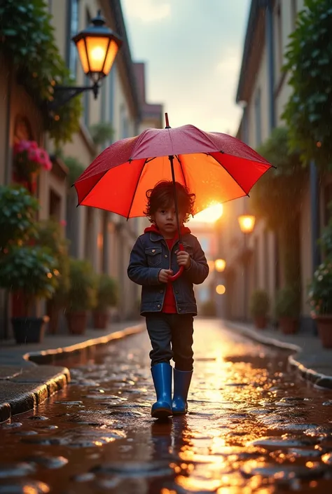 Rainy evening sunlight boy walking with umbrella