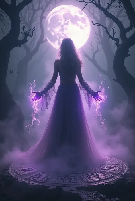 Image of a woman with a determined look, surrounded by a spectral aura, performing a ritual