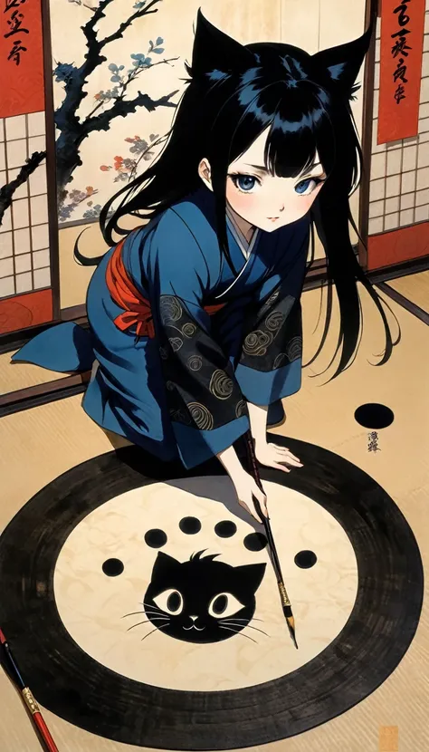 (((beautiful detailed)))(cute face:1.2)1girl, strange black silhouette appears from the magic circle, girl uses a giant brush to draw a magic circle in ink, Writing calligraphy on a large piece of Japanese paper laid out on the ground, cat walking and leav...