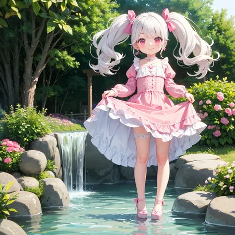 1girl, Solo, white hair, pink eyes, blushing, twin tails, pink hair, vale, long dress, pink dress, bride, victorian dress, earrings, windy, puffy sleeves, water, wet, dress lift, smile, masterpiece, high heels, stockings