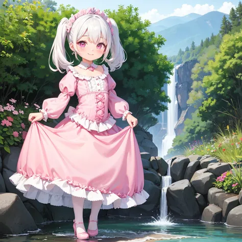 1girl, Solo, white hair, pink eyes, blushing, twin tails, pink hair, vale, long dress, pink dress, bride, victorian dress, earrings, windy, puffy sleeves, water, wet, dress lift, smile, masterpiece, high heels, stockings