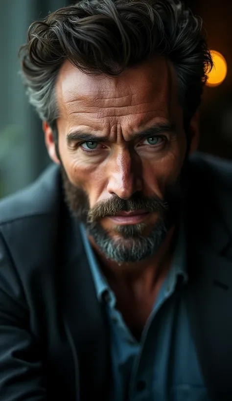 When the camera zooms in on his face, piercing eyes of a stern man, Seems, look through you. His weathered features tell a story of life, lived on the edge., a well-groomed beard adds sophistication. With style, combining the ruthless determination of Wolv...