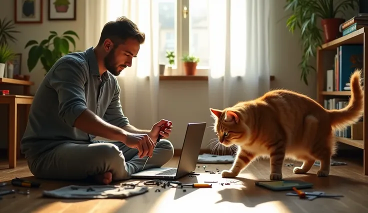 apartment, The master is disassembling the laptop, A huge ginger cat is taking the screwdriver away.

