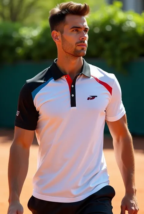  mens and womens shirts, pole throat, tighter style, Tennis player, white, black and red, na camisa white e preta a logo do disparada fica na cor vermelha e na camisa vermelha a logo fica na cor white