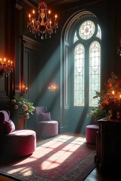 Image of the mansion’s interior transforming from eerie to peaceful, with calming light."