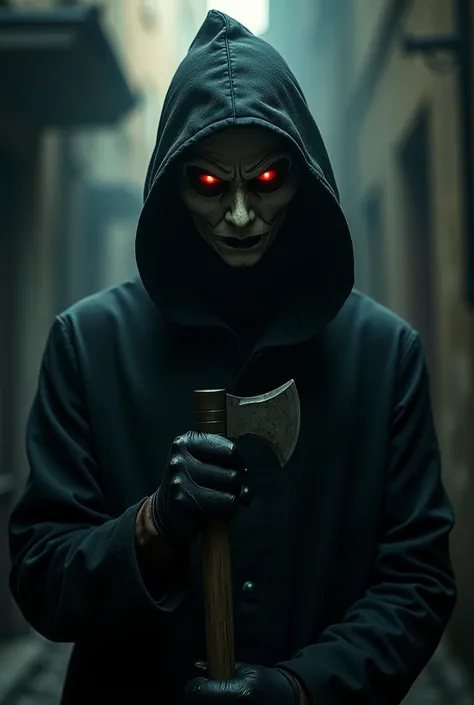 a masked character, mysterious with a blank look. I want a " serial killer, that the image be closer to the face...and that he has an axe in his hand and his gaze is predatory