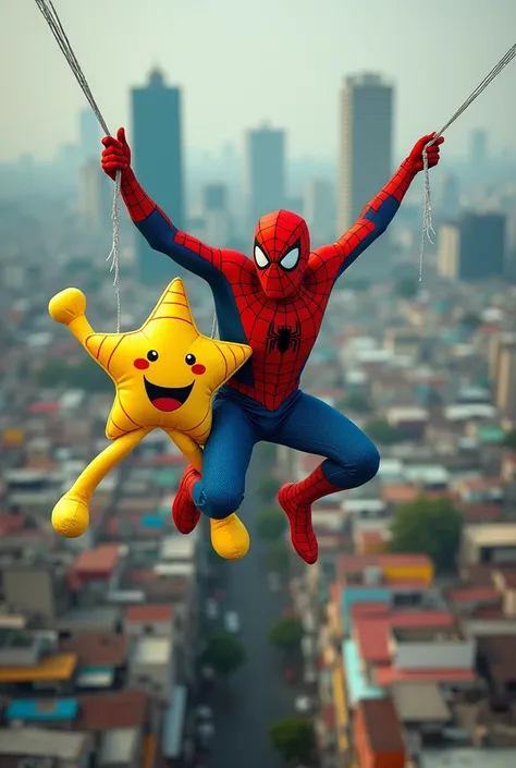 real photo. young Indonesian man wearing a spiderman costume. swinging above the building with a net while holding a big yellow smiling star doll. 70s atmosphere. real life Ultra-realistic 8K photograph, shot with a Leica Q2, strong color contrast and shar...