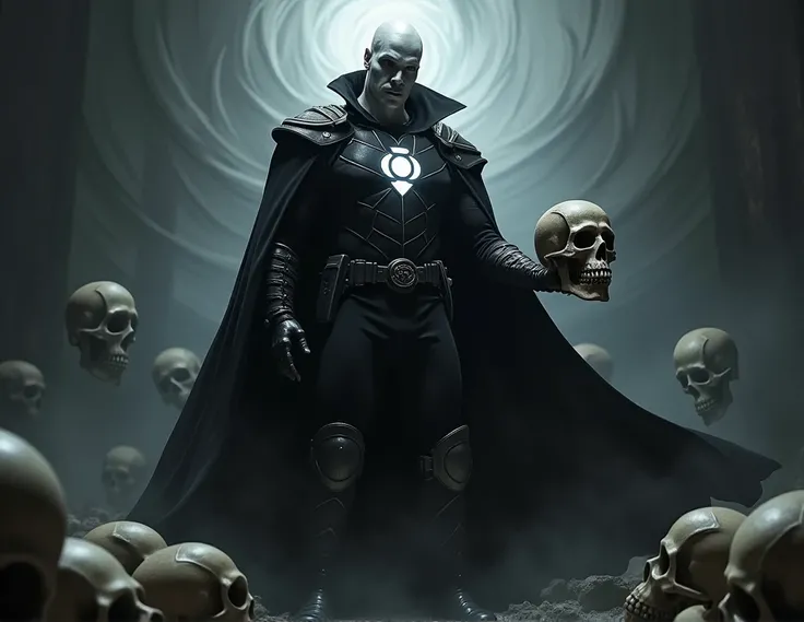 1man, white man, black helmet, villain, evil, glowing black lantern insignia, metal parts, black cape, armor gi, black boots, holding a skull, skulls background