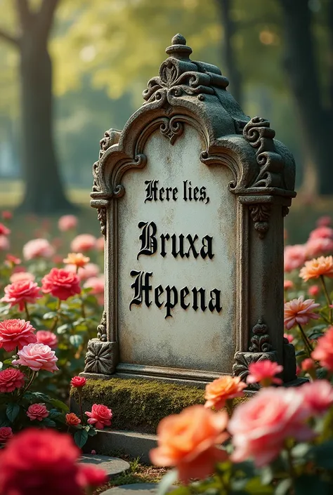 ((Artwork, high quality)), (gravestone), (surrounded by flowers), (engraved text: "Here lies, Bruxa Hepena").
