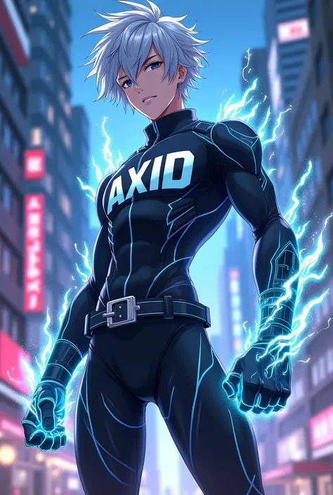 A anime boy with super power. His Name " AXID" writen in bold letters in unique style on his outfit 