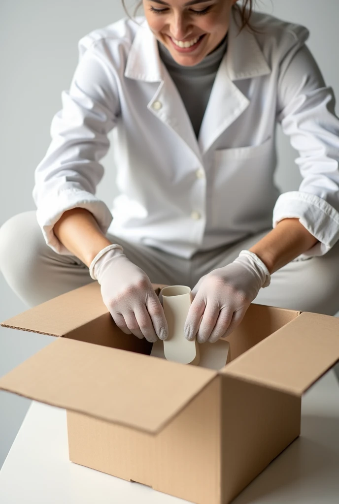 A smiling employee, with semi-formal clothing and gloves, carefully packing a product into a cardboard box . White background, natural lighting, Minimalist style."
variations: "behind the scenes: expert hands packing a fragile product with cushioning mater...