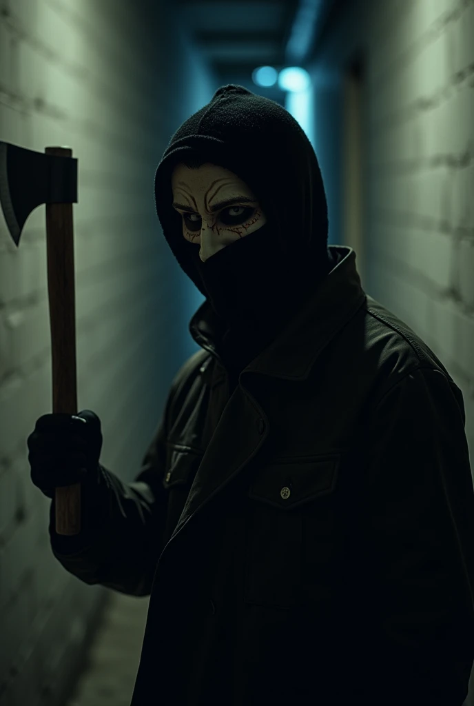 a masked character, mysterious with a blank look. I want a " serial killer, that the image be closer to the face...and that he has an axe in his hand and his gaze is predatory, A macara dele deve ser uma balaclava !