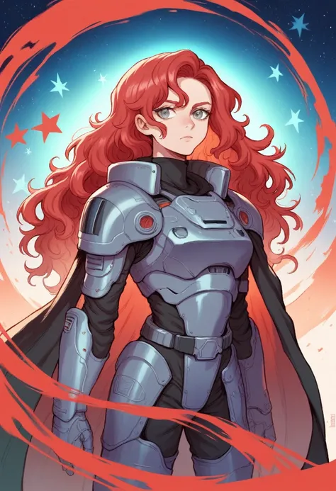 Anime girl. Soldier. Plated armor. Red hair. Long hair. Wavy hair. Grey eyes. Galactic soldier. Star background. Soldier cape.