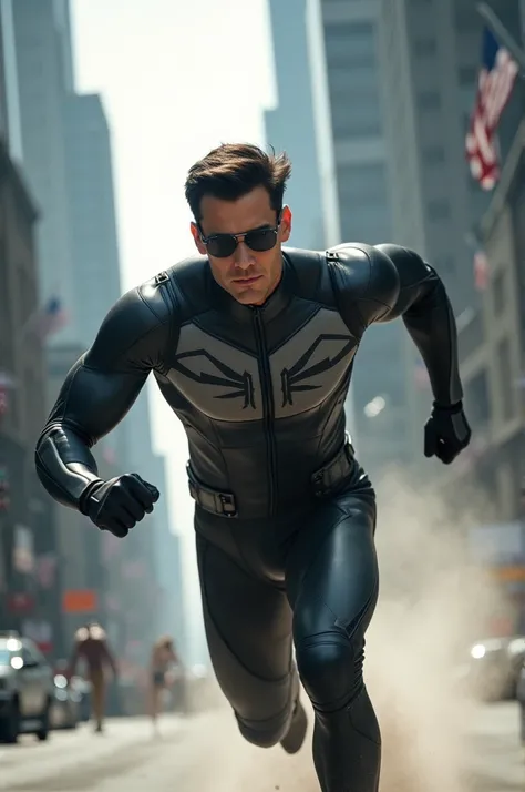 Give me an image of a superhero with super speed powers and their suit is gray and black 