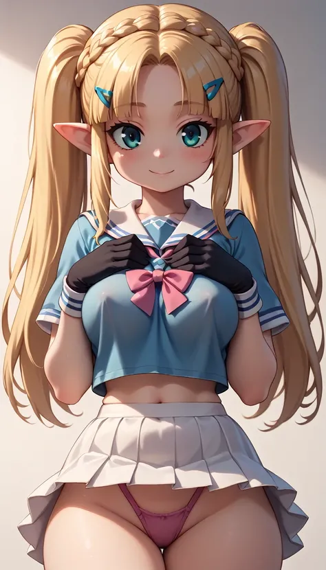 High resolution, Very detailed, perfect lighting, beautiful detailed eyes, ((masterpiece,Best Quality)), absurdities, alone, princess zelda, by the width, crown braid, Hair clip, pointy ears, Gloves without fingers, black gloves, smile, curves, nod, , deep...