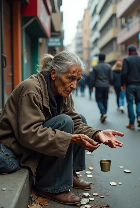 A small ugly dirty beggar woman asking for money in the street 