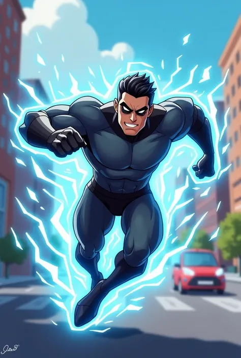 Give me an image of a superhero with super speed powers, their suit should be gray and black, in an animated style with lightning effects.