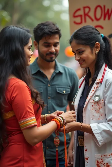 Left Side: A sister tying a rakhi on her brother’s wrist, symbolizing protection and care.Middle: The brother making a promise to ensure his sister’s safety and well-being.Right Side: A lady doctor in a coat stained with blood, holding a placard or sign de...