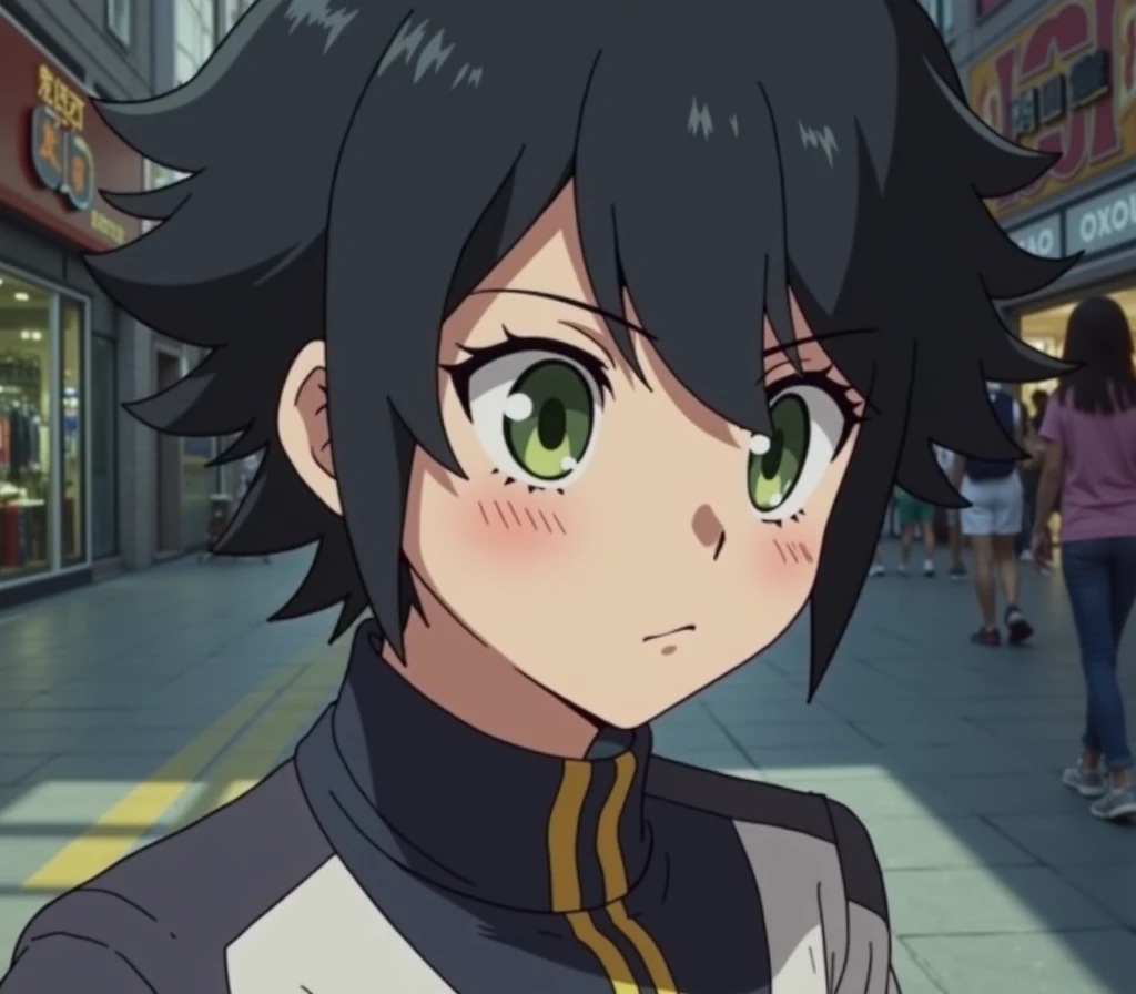 1 boy, teenager, stylish clothes, character Yuichiro Hyakuya, full body, walking down the street, background of buildings and stores