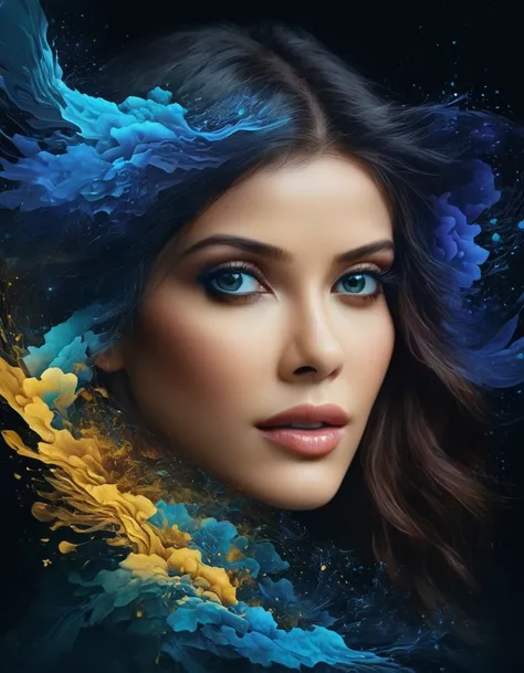 nanx, ultra detailed artistic abstract art of a Double exposure portrait, a beautiful woman face is perfectly blended into a beautiful landscape, double exposure, midnight aura, night sky, detailed gorgeous face, dreamy, glowing, backlit, glamour, glimmer,...