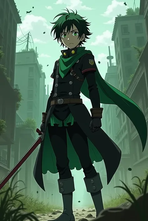 1 boy, teenager, black and green military clothing, character Yuichiro Hyakuya from the anime Owari No Seraph