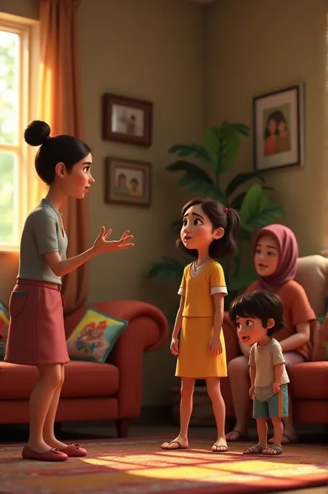 "Creat a 3d animation Back at home, Amina and Ilya standing with heads bowed as their mother scolds them in the background, while the grandmother looks on sternly"