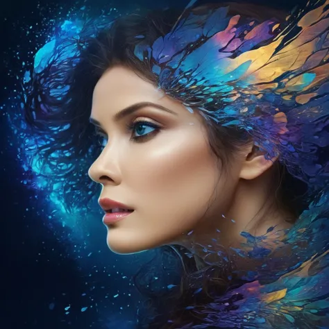 nanx, ultra detailed artistic abstract art of a Double exposure portrait, a beautiful woman face is perfectly blended into a beautiful landscape, double exposure, midnight aura, night sky, detailed gorgeous face, dreamy, glowing, backlit, glamour, glimmer,...