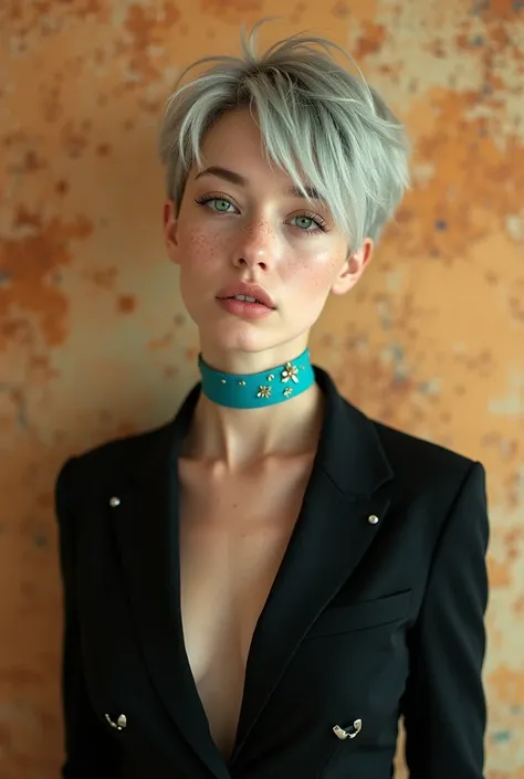 a young woman with vibrant silver hair, with a slightly messy style, pixie cut, His eyes are a striking green., and has light freckles scattered across her face. Elf&#39;s ears, Lighting should be warm, giving your skin a slightly shiny appearance. The bac...