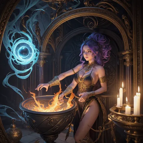 rising up from inside a very large ornate cauldron, a beautiful female is being created, the colourful air swirls around her nearly flawless skin as her body begins to takes shape, an old wizard is standing to one side casting spells