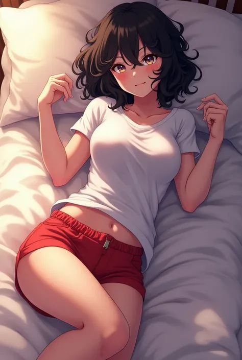 Sexy thin anime girl with black curly short hair laying down in a bed wearing very tight ansd small white t-shirt and a very tight red short with big thighs and big nipples