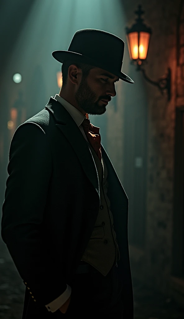 "A man in a vintage suit and bowler hat, vibrant music waves emanating from his ears, detailed and dramatic contrast, surreal and cinematic atmosphere, dark and moody tones, 8K quality, hyperrealistic depiction, chiaroscuro shading, muted hues, and intense...