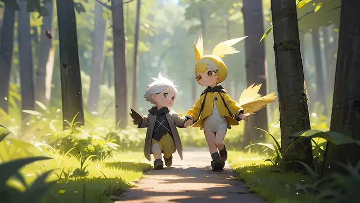 A yellow baby cockatiel, a black and grey baby cockatiel and a baby squirrel walking together in a forest.3d animation.