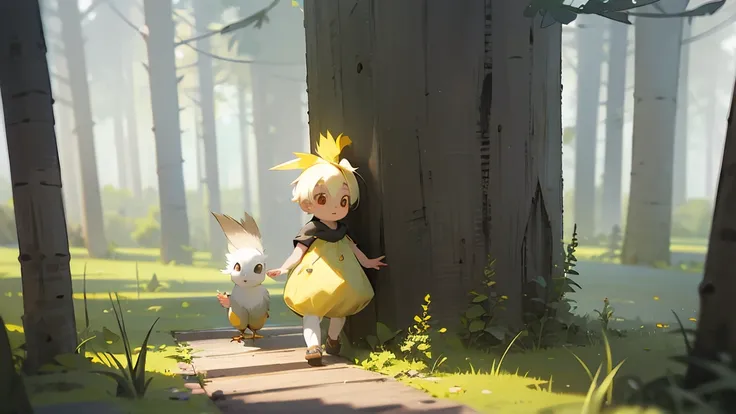 A yellow baby cockatiel, a black and grey baby cockatiel and a baby squirrel walking together in a forest.3d animation.