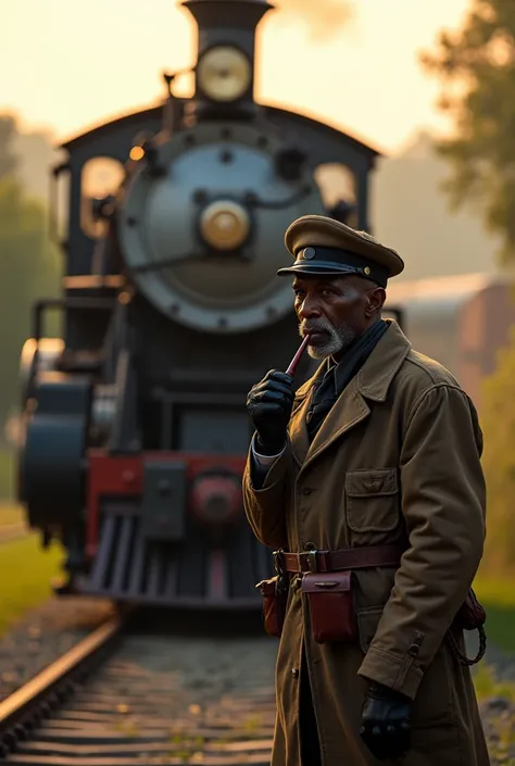 A stopped locomotive with a gentleman in front of it, holding a pipe in his mouth. He is a dark-skinned man in his 50s wearing engineers clothing.
