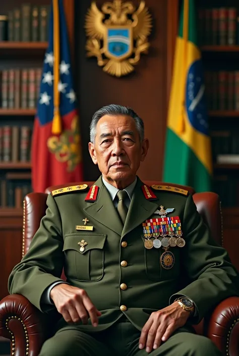 A realistic and detailed portrait of a Brazilian Army Colonel in his 40s, with black and gray hair on the sides, and a thin scar on his face like a badge of courage. He is wearing a high-ranking olive green uniform of the Brazilian Army officer, adorned wi...