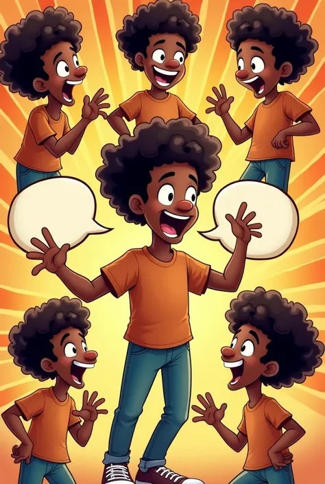 a black male cartoon character with curly hair, in various positions, as if he were speaking looking at the screen

