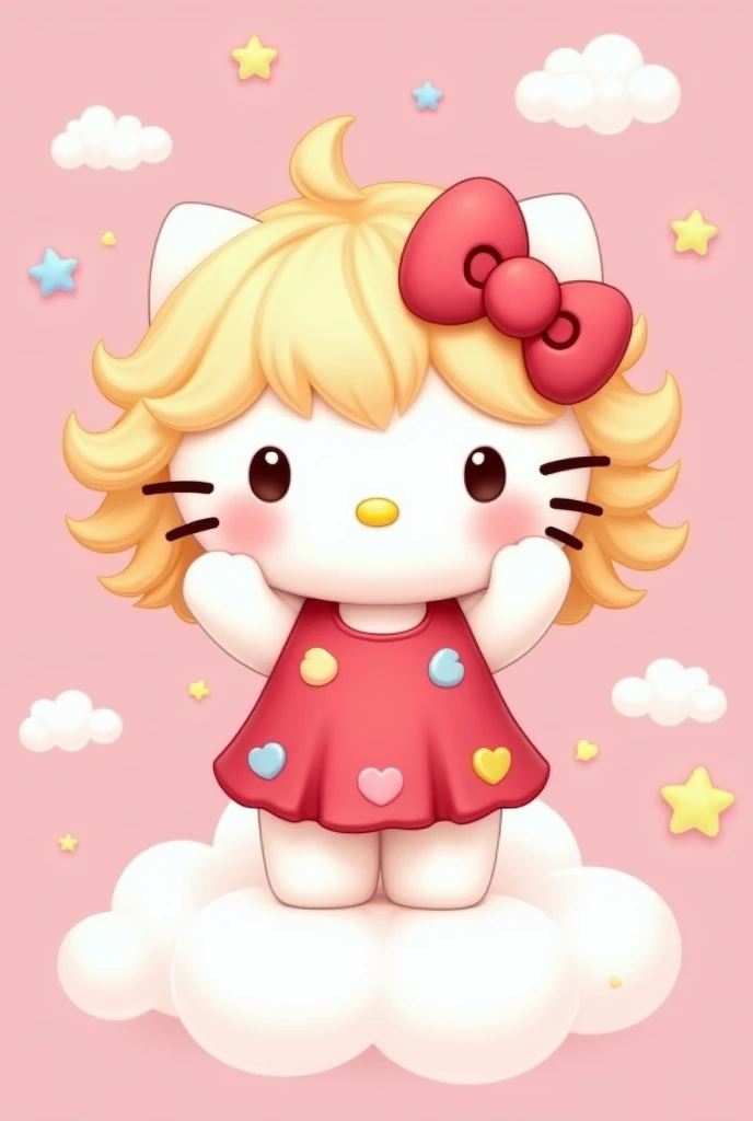 Describe a Hello Kitty with bangs and curly hair.,