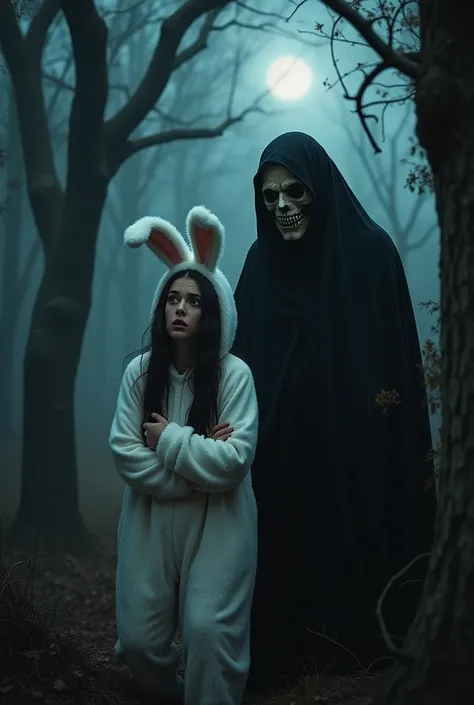 halloween, a scared brunette woman in a bunny costume and a man with a scary mask. em uma floresta escura 