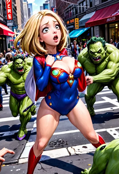 A cute woman (super heroine outfit, crazy matching hair, powers on display) heroic pose, street of new york, facing down a mob of mutant monsters