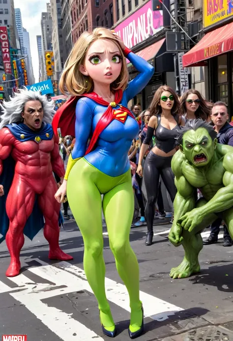 A cute woman (super heroine outfit, crazy matching hair, powers on display) heroic pose, street of new york, facing down a mob of mutant monsters
