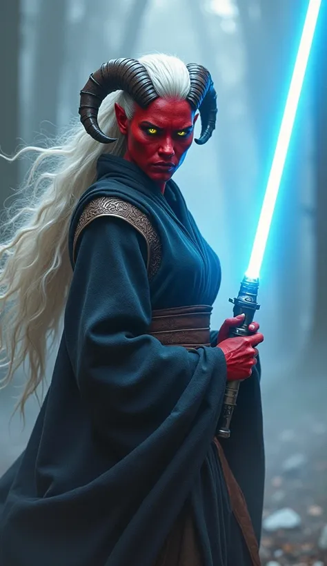 ((ultra-realistic:1.5)) portrait of a fierce Tiefling Jedi warrior, with crimson skin, sharp features, and glowing yellow eyes, wielding a blue lightsaber. Her long, white hair flows behind her, accentuating her twisted horns that curve gracefully from her...