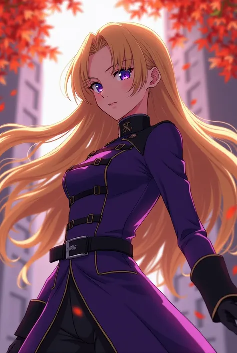 1 girl, teenager, long blonde hair, purple eyes, female military clothing in purple and black, character Esdeath from the anime Akame ga Kill, background with flying leaves